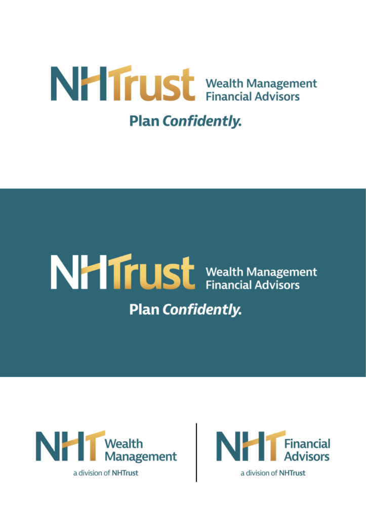 NHTrust wealth management logos and slogans shown on white and teal backgrounds in different layouts.