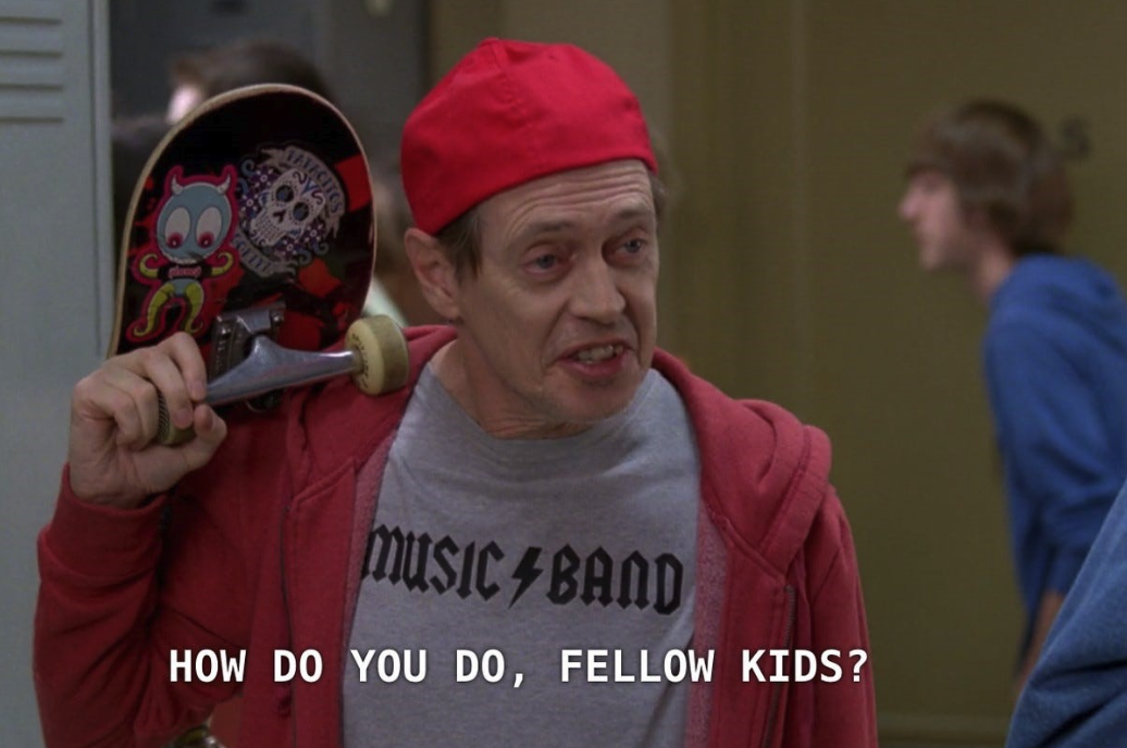 Man in a red cap holding a skateboard, wearing a Music Band shirt, says, How do you do, fellow kids?.
