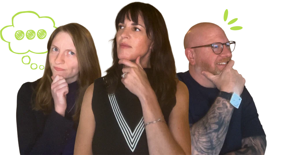 Three people pose thoughtfully with hands on chins, as green doodles above their heads suggest marketing ideas and creative thinking.